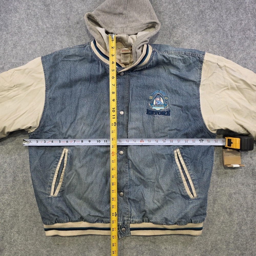 Vintage Disney Store Jacket Mens Large Blue Denim Eeyore Hooded Varsity DISTRESS - Picture 10 of 16